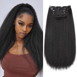 HANNE 18 Inch 4 Pcs/Lot Kinky Straight Clip-Ins Hair Extensions for Women Natural Black Yaki Straight Clip ins Hair Pieces for Daily or Party Use (Black, 18 Inch)