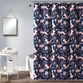 Lush Decor Pixie Fox Shower Curtain, 72" x 72", Navy & Pink