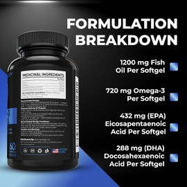 Nutratology Omega 3 Fish Oil Supplement Triple Strength with Fatty Acids - 1200MG Fish Oil, 720 MG Omega 3 Supplements, 432MG EPA & 288MG DHA Per Softgel. Burp-less Lemon Flavour - 60 Softgels 