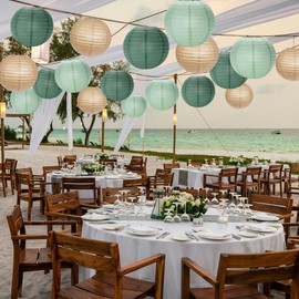 CC wonderland zone 12pcs Sage Green Gold Paper Lanterns,Hanging Paper Lanterns for Bridal Enchanted Forest Shower Rustic Neutral Boho Birthday Wedding Home Decor Party Decoration