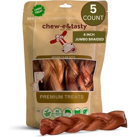 chew-e&tasty 6" Jumbo Braided Bully Sticks for Dogs (Pack of 5) - Long Lasting Beef Chews - Made of Digestible High Protein & Low Fat Dental Care Dog Bully Sticks for Medium to Large Breeds