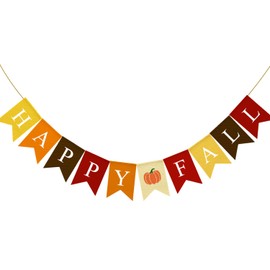 Adurself Happy Fall Burlap Banner with Pumpkin, Pre-Strung Faux Burlap Autumn Garland, Rustic Harvest Thanksgiving Decorations for Home Mantel Porch Fireplace Wall Decor