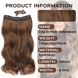 Extensiones de cabello castaño invisibles sin cables con 4 clips seguros mejorados, extensiones de cabello ondulado largo de tamaño ajustable para mujeres de 20 pulgadas (reflejos castaños)