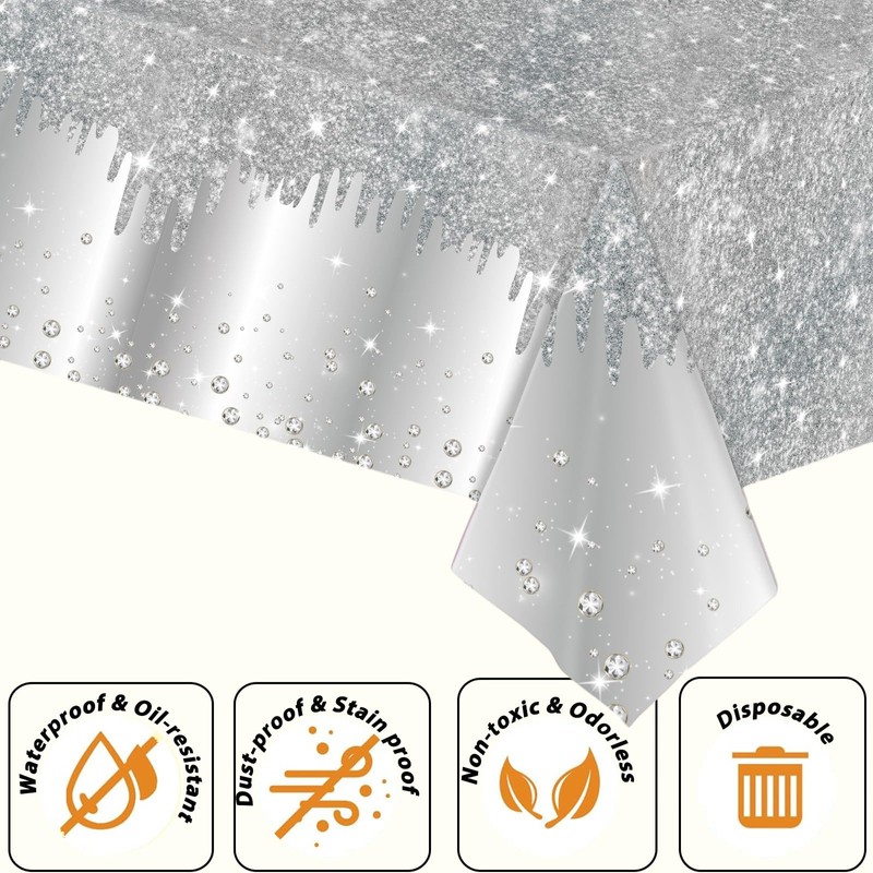 2P Silver Party Plastic Table Cloth,137x274cm Shiny Glitter Silver Tablecloths