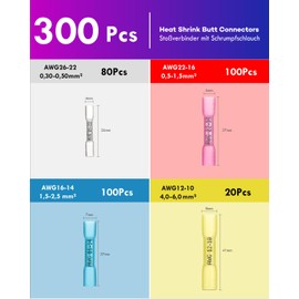 Butt Connector, ANVINKU 300 Pieces Crimp Connectors with Heat Shrink Tube Set, 10-26 AWG Cable Connectors, Waterproof Set, 4 Types of Crimp Connectors, Waterproof, Butt Connector for Car, Boat, Marine