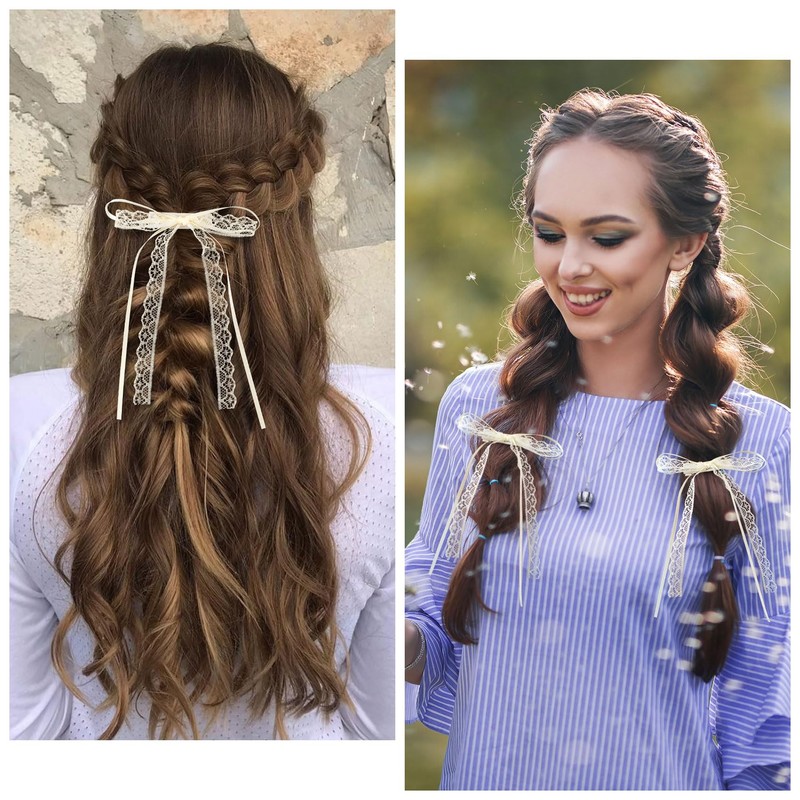 CustomyLife 2Pcs Beige Lace Hair Bow Clips Cute Coquette Snap