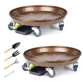 Ganggend 20" Metal Plant Caddy, Heavy Duty Planter Pot Mover with Iron Lockable Wheels and Drain Hole, Large Rolling Dolly Planter Caddy Flower Pot Indoor and Outdoor Flowerpot Tray (2pcs)