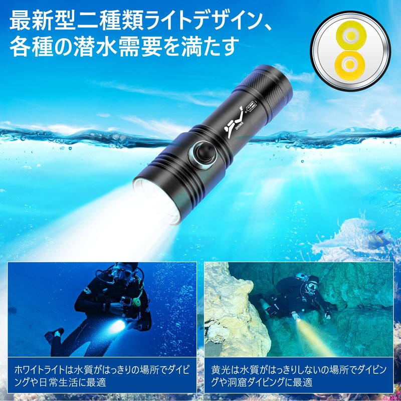 (Newest Model/2-Color Light Source) Diving Light, Underwater Light, 2600 Lumens,