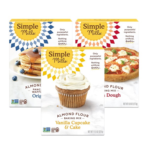 Simple Mills, Baking Mix Variety Pack, Pancake & Waffle, Pizza Dough, Vanilla Muffin & Cake Variety Pack, 3 Count (Packaging May Vary)
