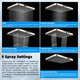Hibbent 5-spray 13'' Shower Head, High Pressure Rainfall Shower Head, Dual Showerhead Combo with 10-mode Handheld Spray, 12'' Adjustable Extension Arm, 71'' Hose, Showerhead Holder, Brushed Nickel