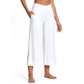 ISEEGZ 25" Wide Leg Yoga Pants for Women High Waisted Womens Loose Lounge Cropped Pants Travel Crop Pants with Pockets White