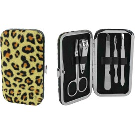 5-Piece Manicure Grooming Kit Set in Leopard Print Travel Case (Clipper, Scissor, Double-Sided Push Stick, Nail File, Tweezers)