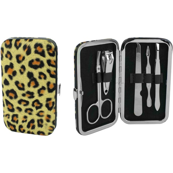 5-Piece Manicure Grooming Kit Set in Leopard Print Travel Case