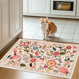 Area Rug 2x3 Washable Rug Vintage Floral Kitchen Rug, Non-Slip Door Mat Ulta-Thin Soft Low Pile Front Door Mat Outside Entrance, Stain Resistan Throw Carpet for Entryway, Boho Home Décor, Beige