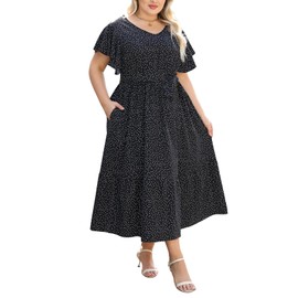 Celkuser Womens Plus Size Short Sleeve V Neck Summer Boho Casual A-Line Floral Midi Dress with Pockets(cel134_blackdot1_3XL)