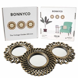 BONNYCO Wall Mirrors Pack of 3 Gold Vintage Mirrors for Living Room, Home Decor & Bedroom | Round Mirrors for Hanging and Wall Decor | Small Mirrors & Home Accessories | Gifts for Women & Mums