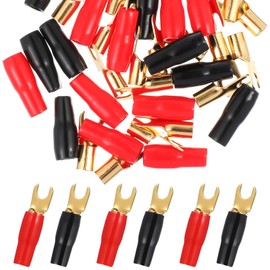 IMIKEYA 10 Pairs 8GA Copper Gold Plated Spade Terminal Fork Adapters Speaker Crimp Barrier Spades Connectors Plugs (Red and Black)