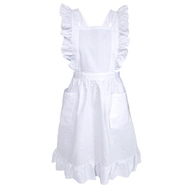 LilMents Long Maxi Cotton Ruffle Apron with Pockets, Small to Plus Size Ladies, White, One Size