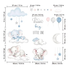 Dream Big Little One Elephant Wall Stickers,Dreamy Moon Stars Balloons Cloud Decor for Kids Room, Nursery & Play,Living Room,Bedroom