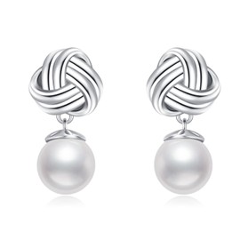 VONALA Pearl Love Knot Earrings for Women 925 Sterling Silver Celtic Knot Pearl Dangle Earrings Trendy Jewelry Lucky Valentines Day Gifts for Women Girls Daughter