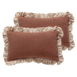 patdrea Brown Tan Shabby Chic Throw Pillow Covers 12x20 Set of 2,Farmhouse Linen Pillow Covers with Ruffles,Rectangle Sturdy Throw Pillow Case for Couch Sofa Bed Living Room