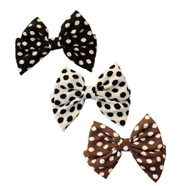 Rugelyss 3 PCS Big Hand-made Polka Dot Bow Print Solid Color Black, Coffee, White Hair Bows Spring Clip Hair Accessories for Girls or Women