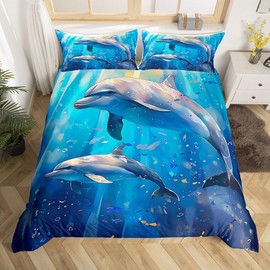 Feelyou Dolphin Bedding Set Twin Size Kids Cute Ocean Animal Comforter Cover Set for Boys Girls Teens Sea Creatures Duvet Cover Underwater Animal Bedspread Cover Jumping Dolphins Quilt Cover