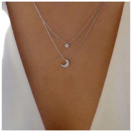 Inilbran Boho layered Moon Star Necklace Vintage Moon Pendant Necklace Silver Crystal Star Moon Necklace Celestial Moon Crescent Choker Necklace Jewelry for Women and Girls