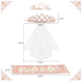 Bride to Be Bachelorette Party Decorations Kit Rose Gold Glitter Sash Veil Rhinestone Tiara | Bridal Shower Supplies| Wedding Engagement Party Favors Gift (Rose Gold)