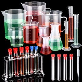 Baderke 28 Pcs Beakers and Test Tubes Set Including 3 Graduated Cylinder 5 Plastic Beakers 3 Erlenmeyer Flask 10 Droppers 6 Plastic Test Tubes with Rack for Home Science Lab Party DIY