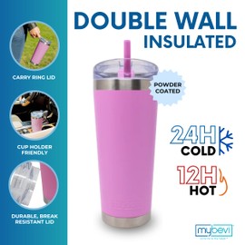 MyBevi Classic Premium Stainless Steel Tumbler with 12-Hour Temperature Control, Tritan Lid, and BPA-Free Construction | Pink Powder Coat, 26 oz