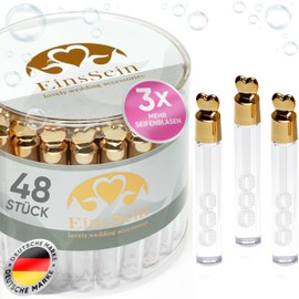 EinsSein 48 x Soap Bubbles Wedding Love Glasses Box Gold – Favours for Wedding Christening Birthday Engagement – Mini Wedding Soap Bubbles Heart Handle in Tube – Wedding Bubbles