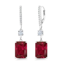 Gem Stone King 10.30 Cttw Red Created Ruby Dangle Earrings For Women | 925 Sterling Silver | Emerald Cut 14X10MM