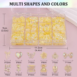 Multi Shapes Acrylic Nail Charms for 3D Nail Art, Yellow Heart Flower Bow Star Butterfly Pearl Starry AB Gems and Cute Charms for DIY Decorations and Nail Design with Pickup Tool