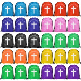 Jesus Loves You Drawstring Backpack Bulk Church School Easter Religious Gift Bag Bible Bag Polyester Backpack for Christian Religion Gift(30 Pcs,Cross)