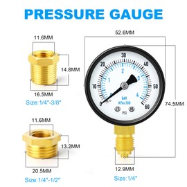 ERGAOBOY 0-4 Bar (0-60 Psi) 2" Dial Face 1/4" BSP Well Pump Pressure Gauge, with Brass Adapter, Lower Mount