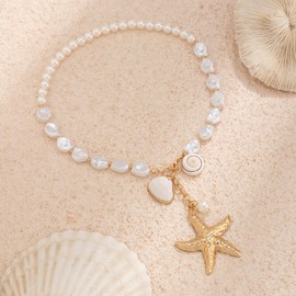 Bohemian Beach Charm Necklace for Women Imitation Pearl Gold Plated Layered Sequins Conch Starfish Shell Choker Stacked Beach Jewelry Holiday Summer Beaded Necklace Set Gifts-G