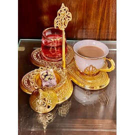 Turkish Tea Coffee Set with a Glass, Saucer and Dessert cave, Gift Set Heart Shaped 3 in 1 Coffee Tea Dessert Set 5.75" x 7.5" with 75ml Cup/Glass, Vintage Tea Coffee Set (Gold))