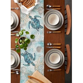 Lsrtoss Coastal Sea Turtle Table Runner 48 Inches Long, Teal Nautical Farmhouse Dress Scarves, Summer Beach Starfish Vintage Dining Tablerunner for Coffee Table/Kitchen Island/Party Décor, 13" x 48"