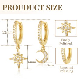 Moon Star Earrings Set for Women, Gold/Silver Cartilage Huggie Hoop Earrings with Zirconia, Multiple Piercings Hoop Earrings, Hoop Earrings, Hanging Earrings for Women, Copper