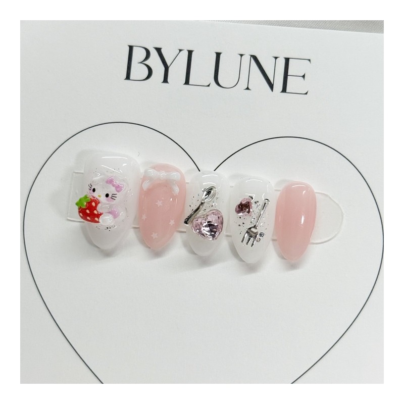 Dessert Strawberry Handmade Nail Tips Pink Kitty Nail Tips -