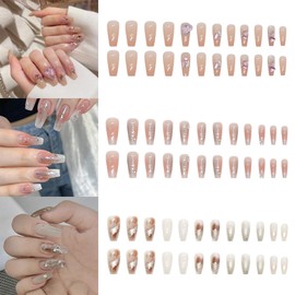 NIUANIUA Nail Tip, Long, Bride Nail, Glossy, False Nails, Double-sided Tape, Nail Tip, Popular, Japanese Style, Cute, Simple, Nail Tip, 24 Sizes, 72 Pieces, Nail Tips (Silver & Pink)