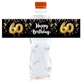 TENTADO 24 Black and Gold 60th Birthday Party Water Bottle Labels, 60 Labels per Pack, Perfect for 60th Birthday Parties and Anniversaries