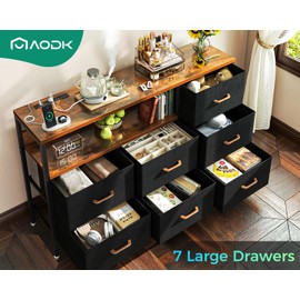 AODK Dresser with Charging Station, 52-Inch Long Dresser for Bedroom with 7 Large Fabric Drawers, Dresser TV Stand with Open Shelves for 55-Inch TV, Vintage