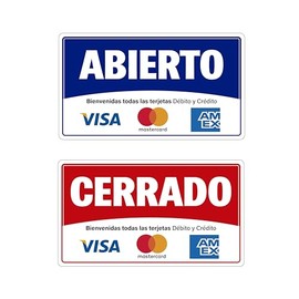 Genérico Monsterprint Señalamiento Letrero Abierto/Cerrado, Aceptamos Tarjetas, 28x16 cm. Impresión HD directa en estireno con tintas UV. Incluye cadena y chupón, listo para instalar.