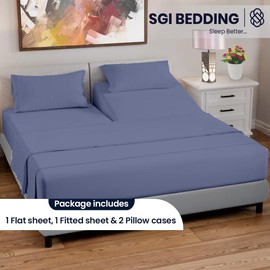 SGI bedding 34" King Split Top Flex Head Sheet Set - 100% Egyptian Cotton, 600 Thread Count, Flex Top Sheet for Adjustable Bed, 4 Piece Set, 15" Deep for Sleep Number Bed - Mediterranean Blue