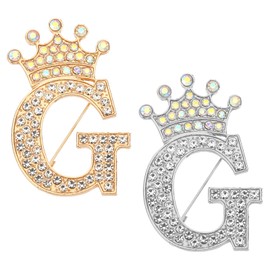 PATIKIL Letter Brooch Pins, 2 Pcs Crown Initial Rhinestone Alphabet G Letter Lapel Badges Pin for Women Suits Dress Coat Clothes Craft, Gold/Silver Tone