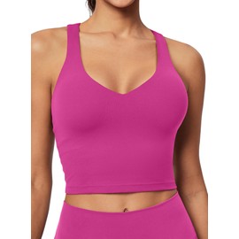 IUGA Buttery Adjustable Workout Tank Tops Woman with Built in Bra Y Back Longline Sports Bra Athletic V-Neck Crop Tops Hot Pink