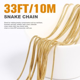 33 Feet Gold Snake Chains Roll, 1mm 18K Gold PVD Plated 304 Stainless Steel Round Snake Chain Bulk Spool for Jewelry Making DIY Craft