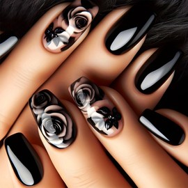 Cosmeria Pack of 24 Black Roses Press On Nails Medium Length Shiny Acrylic Artificial Nails with Gel Glue for Women Girls